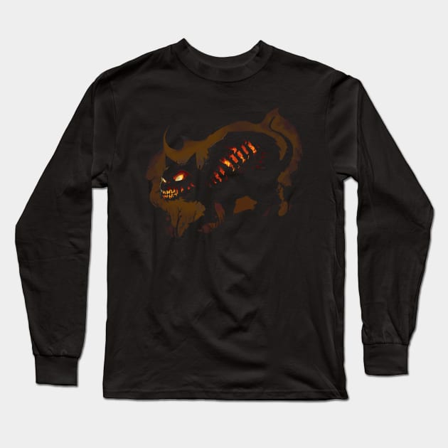 Hellish Fiery Skeletal Halloween Cat Long Sleeve T-Shirt by HideTheInsanity